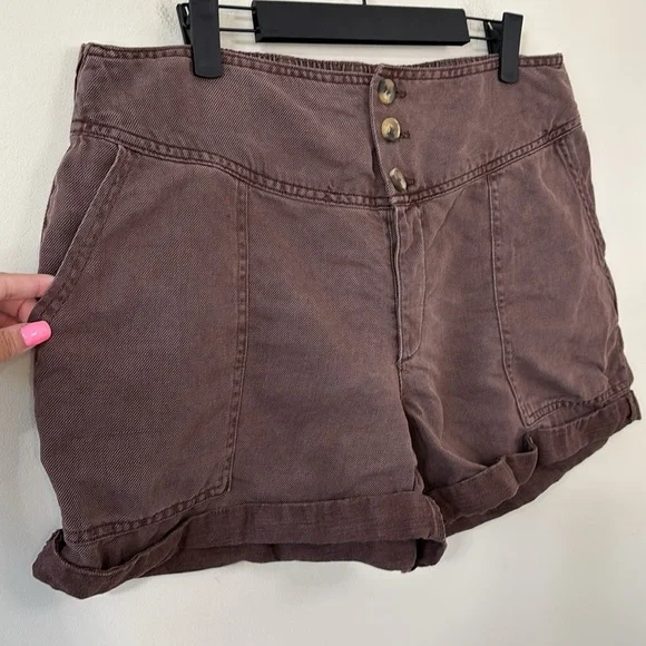 Aerie Twill V Waist Linen Blend Brown Shorts Size Large - Picture 4 of 8